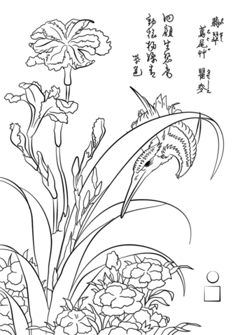 Kingfisher, Carnation, Iris By Katsushika Hokusai Coloring Page